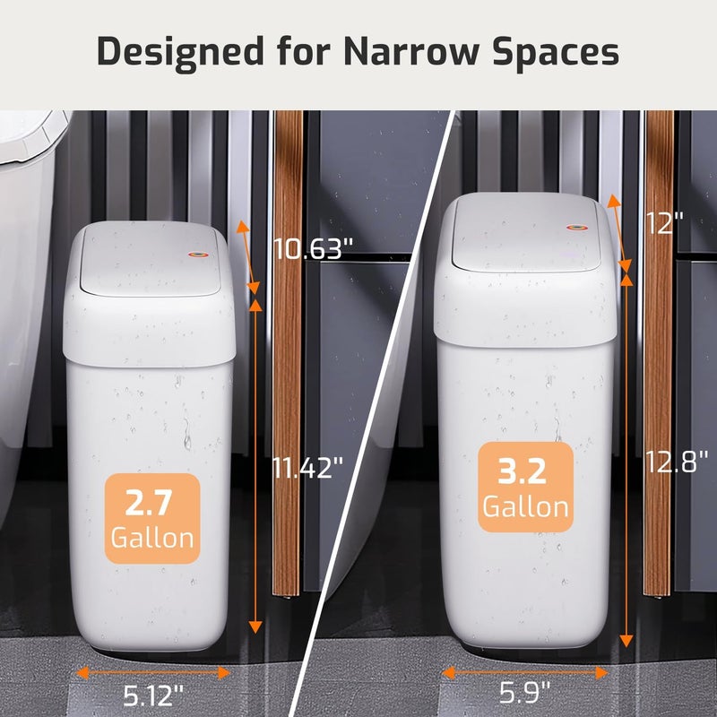 MOPALL 2 Pack Small Bathroom Trash Can with Lid, 3.2 Gallon / 11.5 L & 2.6 Gallon / 10 L Waste Basket with Pop-Up Lid, Slim Plastic Garbage Bin Dog Proof for Kitchen, Bedroom, Office, Toilet, White - Image 3